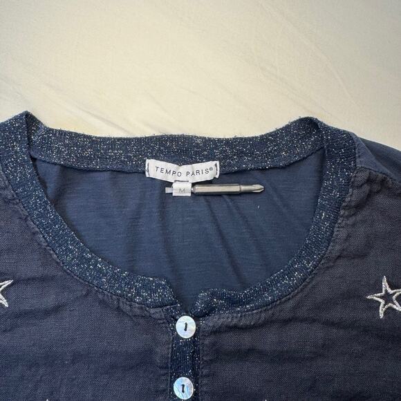 Tempo Paris Navy Star Cotton Linen Blend Blouse Women's Medium Celestial Boho - Picture 5 of 13